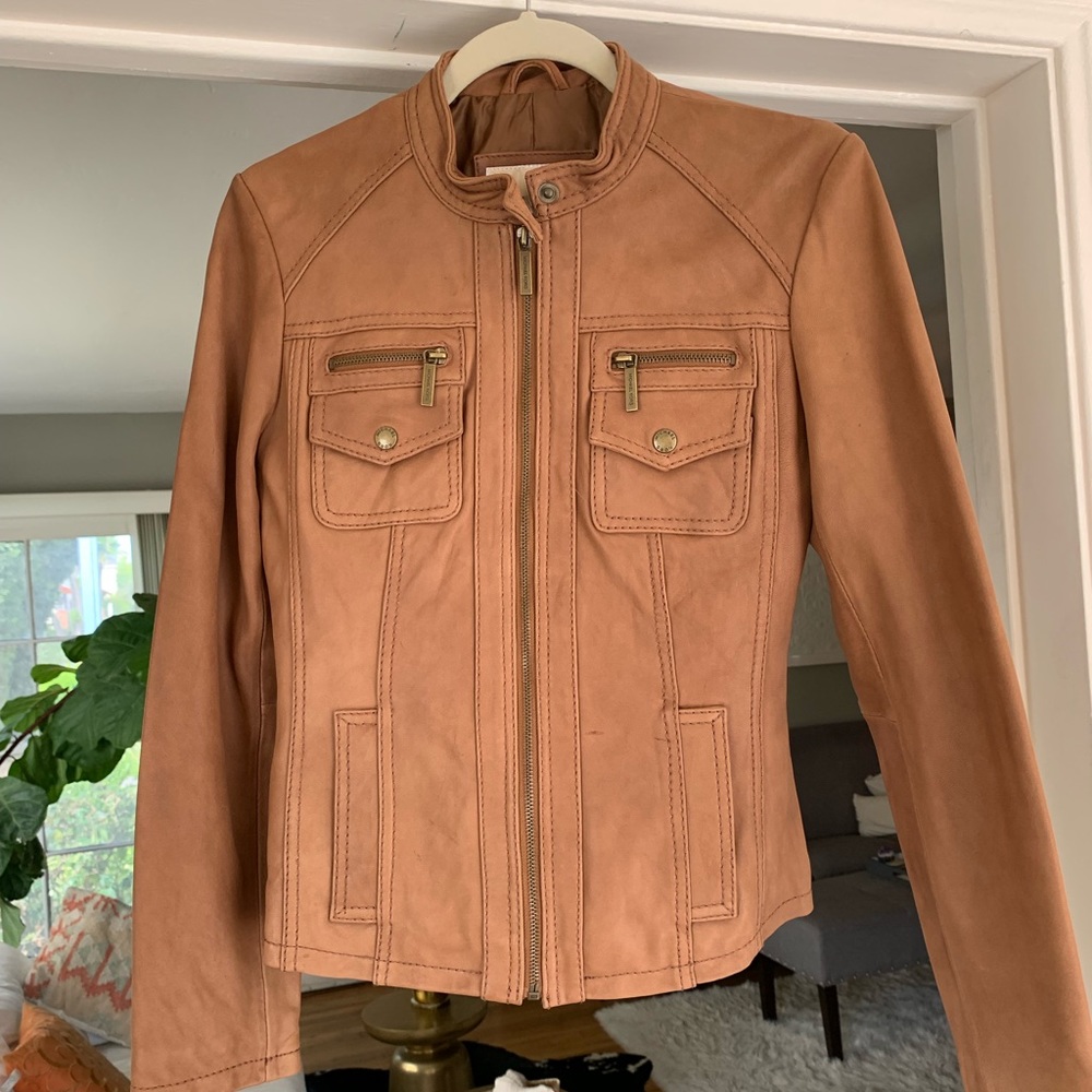 Michael Kors Brown 100% Real Leather Moto Jacket